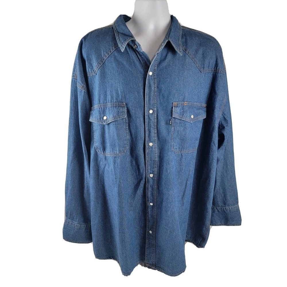 KEY Pearl Snap Shirt Blue Denim Long Sleeve Workwear Casual Thick Mens Size 3XLR